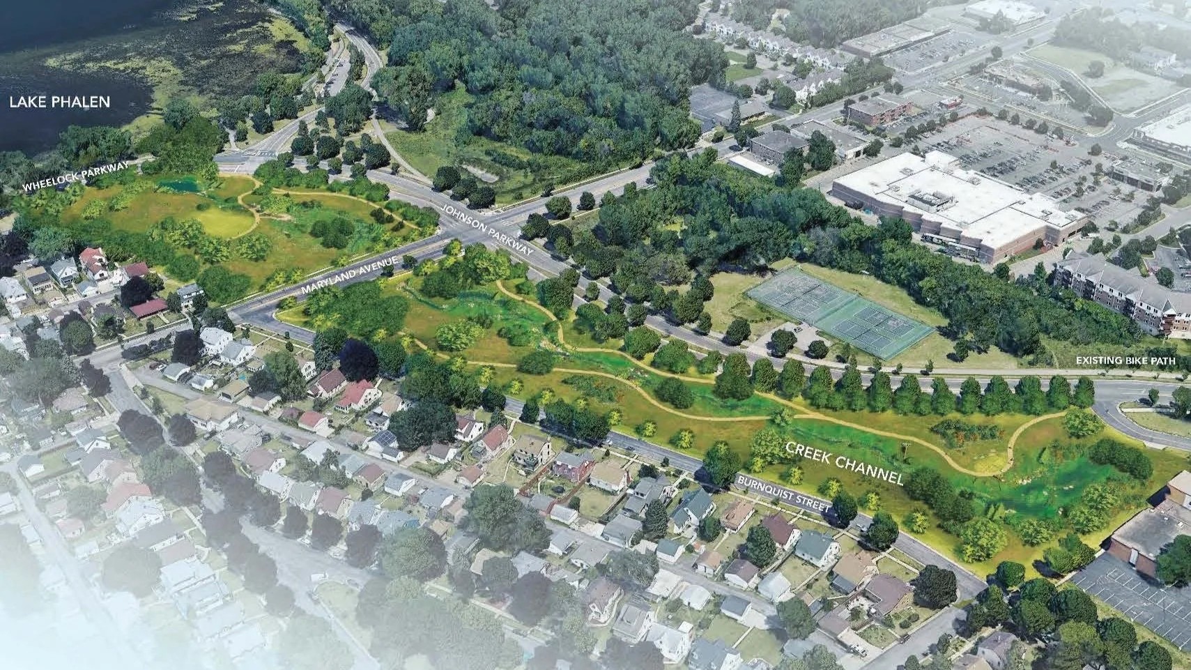 Aerial photo of restoration plan designs at Phalen Creek.